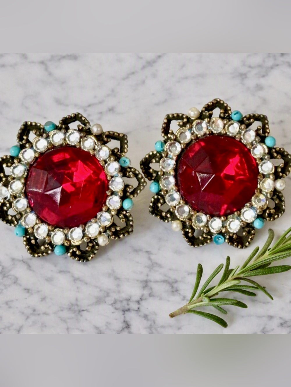 Vintage Red Crystal, Pearl & Turquoise Clip‑On Earrings — Floral Filigree Design